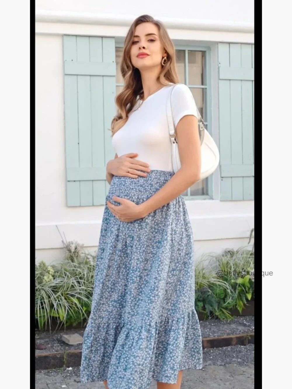 Maternity Midi Skirt Floral Print Shirred Waist High Rise Flowy Casual - Picture 6 of 6